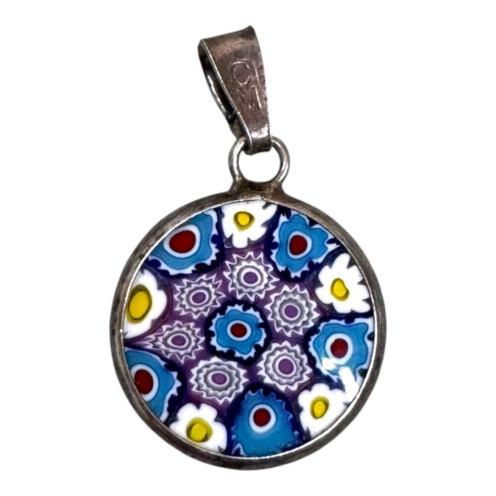 Vintage Millefiori Glass Pendant Signed CM 925 Sterling Silver Italy Flowers